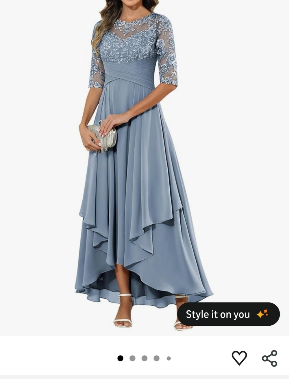 Embroidered Chiffon High-Low Dress in Dusty Blue